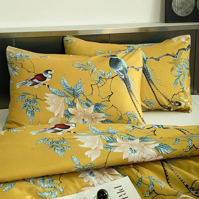 King Comforter Set Flowers 3 Pieces Soft 3D Bedding Comforter Tree Branches Flowers Birds Print Botanical Comforter Set for All Seasons 1 Comforter and 2 Pillowcases (Birds, King)