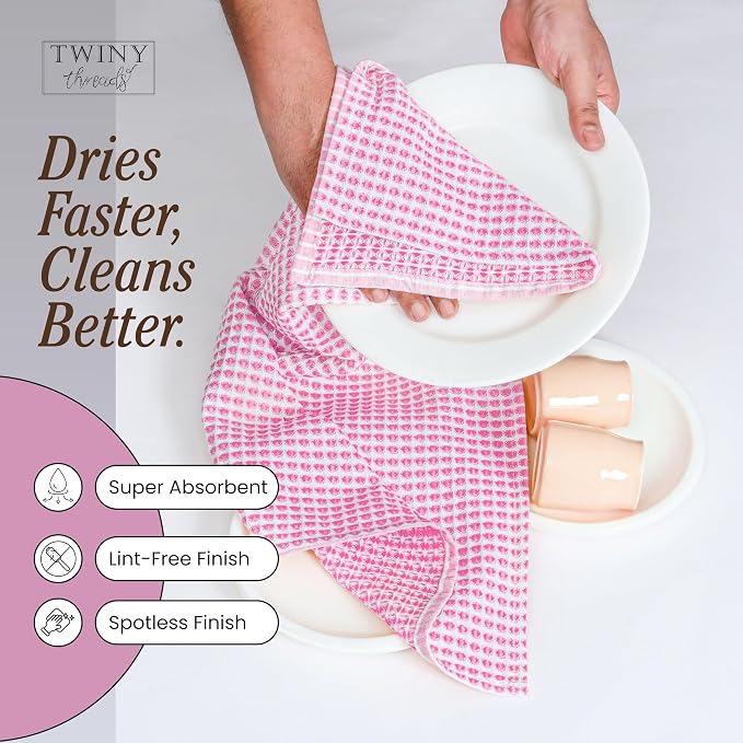TWINY threads Circle Waffle Kitchen Dish Towels 4 Pack, 16x26 Inch, 100% Cotton, Absorbent, Lightweight, Quick Drying, Multi Purpose Wash Rags, Suitable for Crafting, Embroidery, Household, Baby Pink