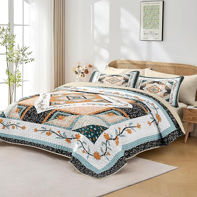 Quilt Set Twin Size, Farmhouse Floral 2 Pcs Soft Bed Cover Bedding Set, Boho Rustic Geometric Lightweight Bedspread Coverlet with Pillow Sham for All Season