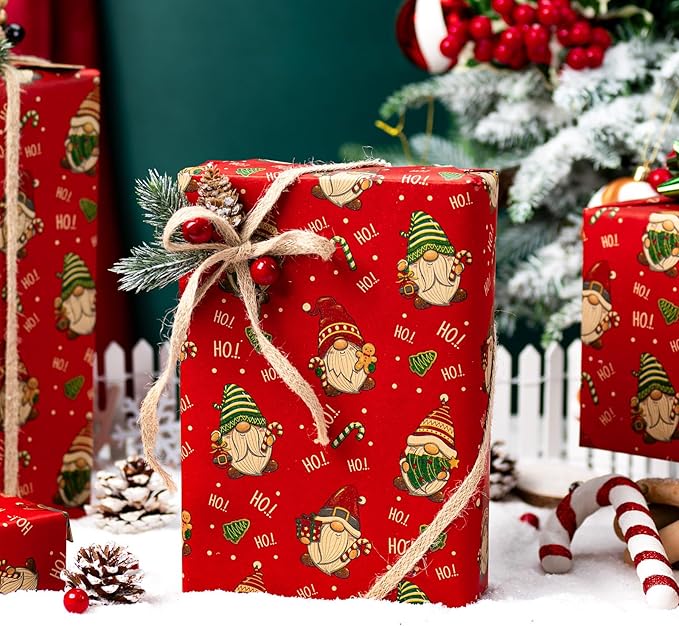 Yarcony Gnomes Christmas Wrapping Paper, Kraft Red Wrapping Paper, Recyclable Funny Gnome Thick Christmas Gift Wrap for Holiday Gifting, Festive Winter Celebrations (Mini Roll, 17 Inch X 33 Feet)