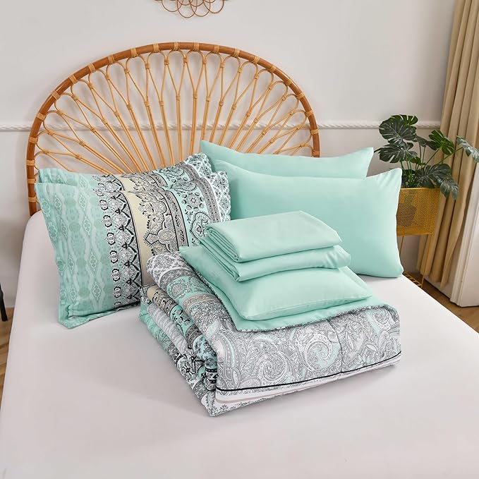 Cottolester Boho Comforter Set Full Size,8 Piece Bed in a Bag Sage Green Paisley Comforter and Sheet Set,Striped Bedding Set Soft Microfiber Complete Bedding Set