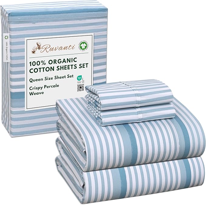 RUVANTI 100% Organic Cotton Sheets Queen Size, Percale Weave, GOTS Certified, 4-Piece Set, Deep Pocket 15", Crisp & Breathable, Soft Durable Bedding, Sábanas Algodón Orgánico – Nautical Stripes
