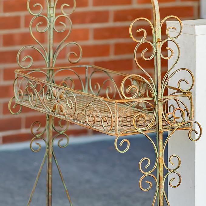 Zaer Ltd. Two Tier Rectangular Ornate Metal Plant Stand (Frosted Green)