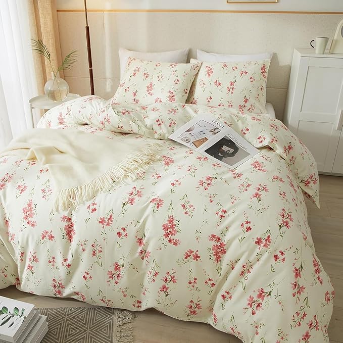 Vintage Pink Floral Comforter Set King Garden Style Boho Pink Floral Bedding Set 1 Floral Comforter with 2 Pillowcases Vintage Botanical Comforter Set Fluffy Cottage Floral King Size Comforter Set