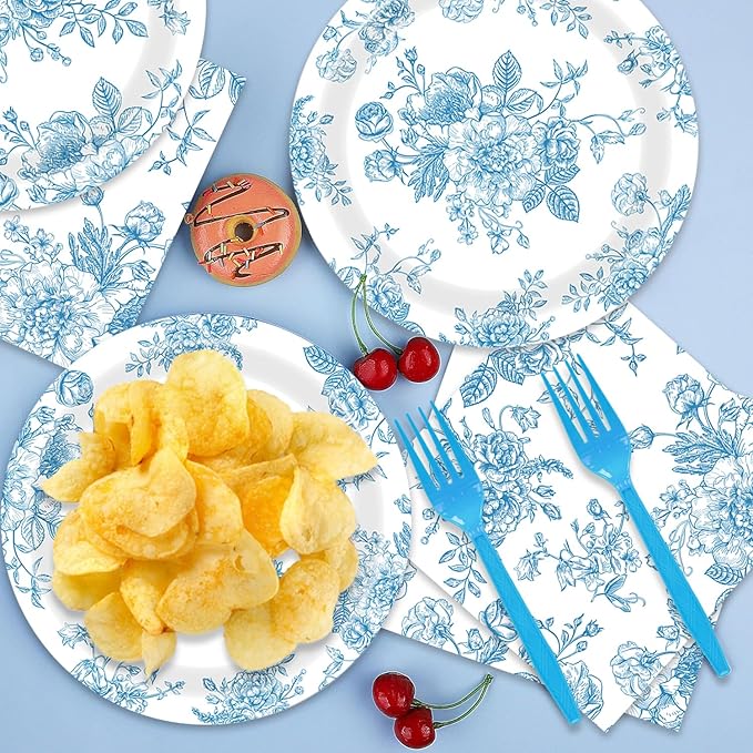 48PCS Blue and White Floral Party Decorations Dessert Plates Napkins Forks Serve 16 Guests