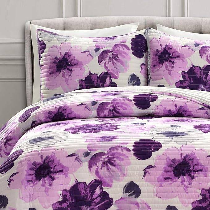Lush Decor Leah Reversible Floral Quilt Set, 3 Piece Set, Full/ Queen, Gray & Purple - Watercolor Botanical - Cottage Core - French Country Decor- Bedding Queen Size