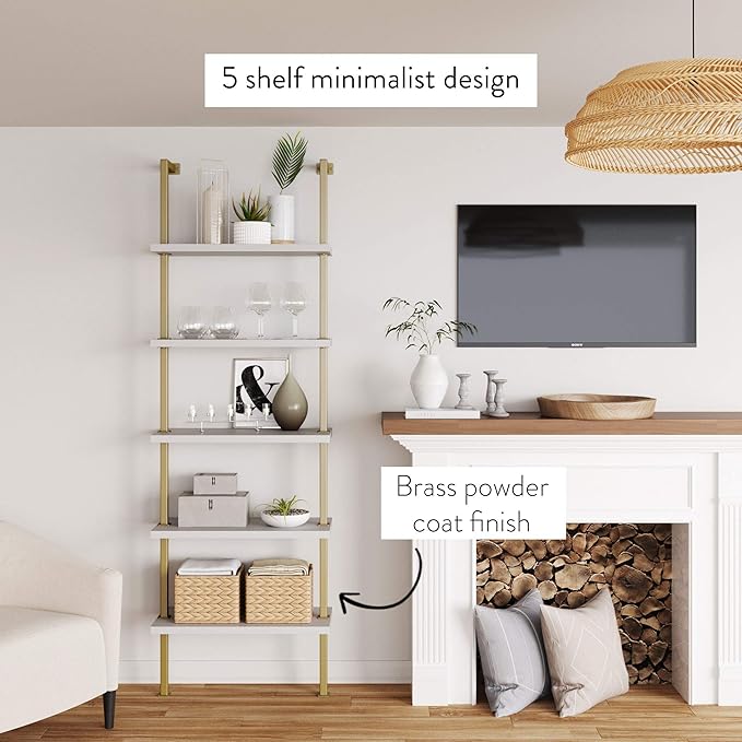 Nathan James Theo 5-Shelf Modern Bookcase, Open Wall Mount Ladder Bookshelf with Industrial Metal Frame, White/Gold