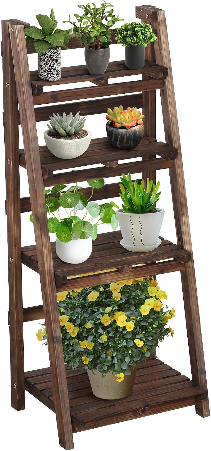 Topeakmart Wooden ladder Shelf Plant Shelf, Multiple Tired Shelf Sturdy and Foldable Storage Shelf Solid folding Wood for Garden/Balcony/Yard/Living Room Storage, No assemble, Brown