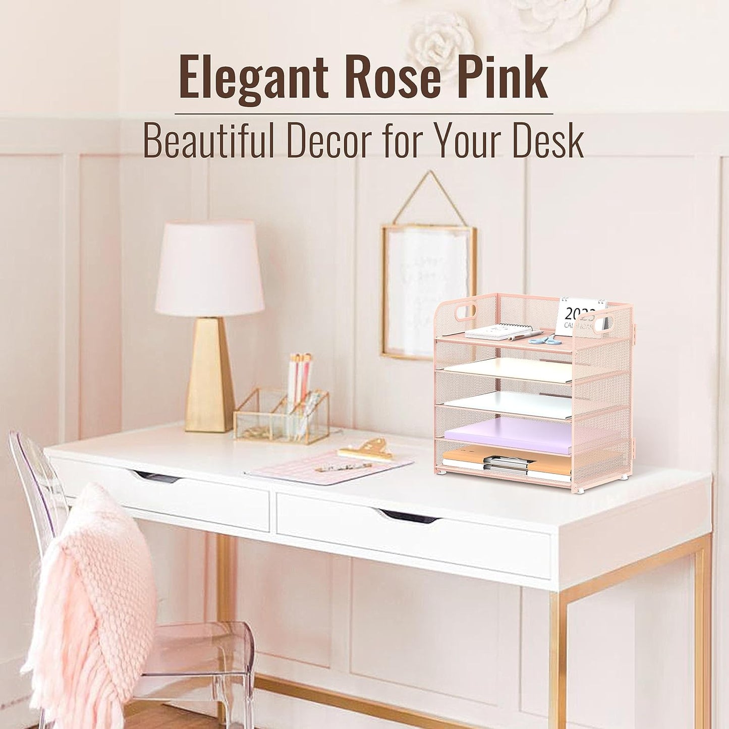 Supeasy Paper Organizer - 5-Tray Letter Tray with Handle | Mesh Desk File Holder in Pink