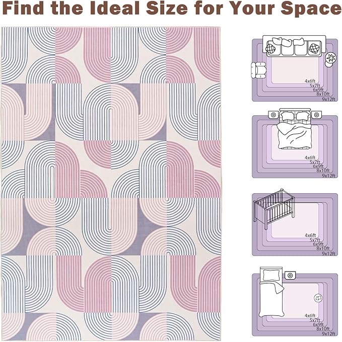 Living Room Rugs 5x7, Soft Modern Geometric Pink Rug for Bedroom, Washable Non-Slip Indoor Floor Boho Abstract Carpet for Dining Room Nursery Home, Pink/Purple