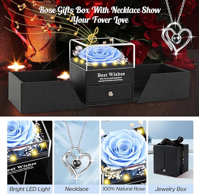 Christmas Birthday Gifts for Women - Preserved Real Rose with I Love You Heart 100-Language Necklace, LED Lights & Music Gift Box, Christmas for Women Girlfriend Mom