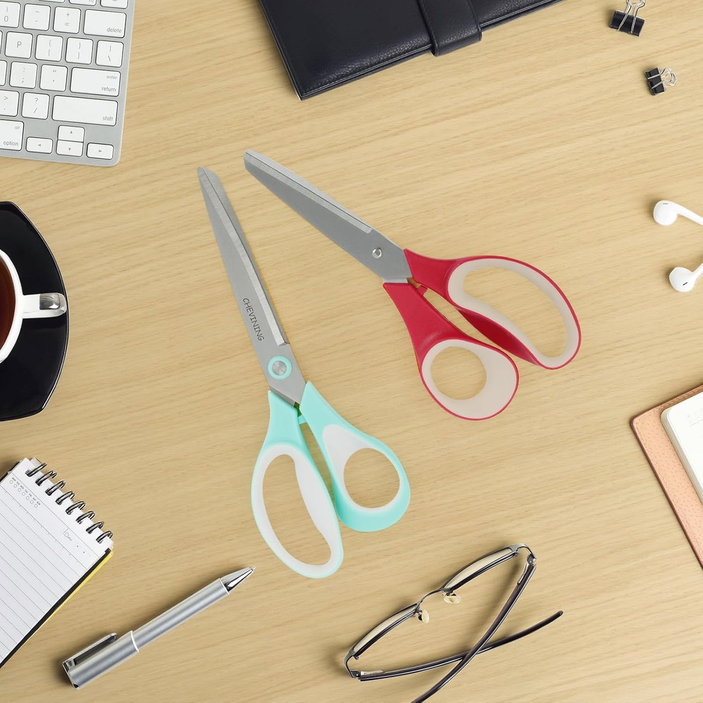 Skiennix All-Purpose Craft Scissors - Comfort Grip 2-Pack for Office, Home & School | Green & Red