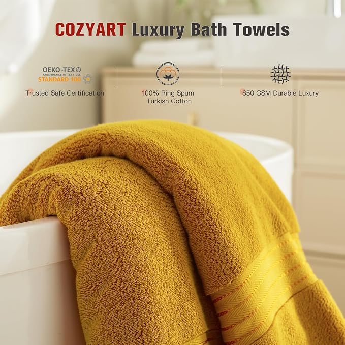 COZYART Gold Bath Towel Set 6pcs, Turkish Cotton Bathroom Towel Sets Soft Absorbent and Durable 650 GSM Luxury 6 Pcs with 2 Bath Towels, 2 Hand Towels, 2 Washcloth
