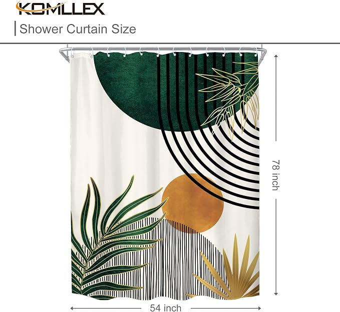 KOMLLEX Mid Century Green Boho Shower Curtain 54Wx78L Inches Abstract Modern Shower Curtains for Bathroom Decor Plant Botanical Minimalist Leaf Arch Sun Fabric Liner Waterproof Polyester 12 Pack Hooks