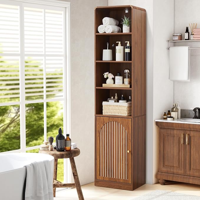 67" Tall Slim Bathroom Storage Cabinet, Narrow Bathroom Towel Cabinet with Arched Door and Adjustable Shelves, Mid Century Modern Laundry Room Organization for Small Space, Kitchen, Living Room,Walnut