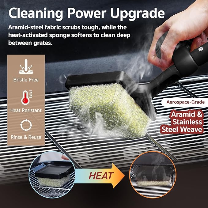 GASPRO Steam Grill Brush Bristle Free for Outdoor Grill, BBQ Cleaning Brush Set with 2 Replacement Heads, Heat-Activated Sponge & Scraper, Ergonomic Handle, Safe for Most Grates, Black