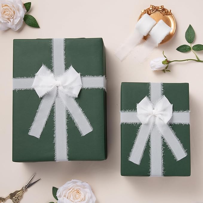 DORIS HOME White Chiffon Ribbon for Flower Bouquet, 1" x21Yd Fabric Ribbon for Gift Wrapping, Handmade Frayed Ribbon for Wedding Invitations/Christmas Decorations