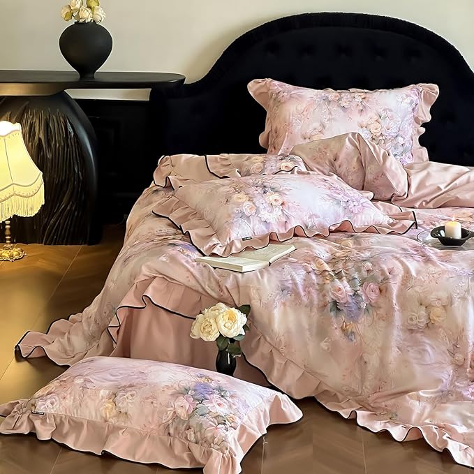 HighBuy French Ruffle Duvet Cover Queen Size,Brushed Cotton Soft Pink Floral Chic Cottagecore Bedding Set Breathable for Hot Sleepers,Durable Comforter Cover Set - 1 Duvet Cover 2 Pillowcases
