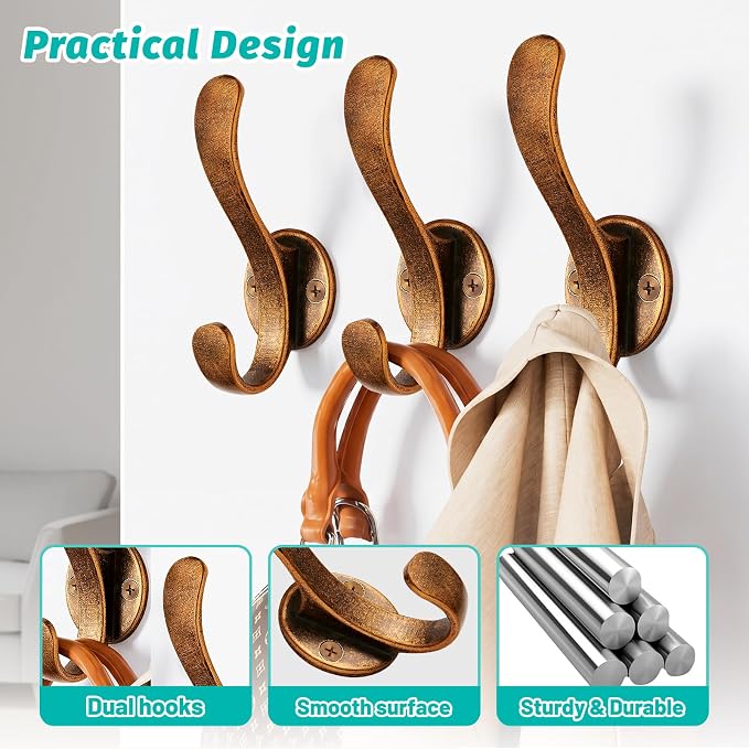 Coat Hooks Heavy Duty - Wall Mount Metal Towel Hooks Screw-in Wall Hooks for Hanging Hat, Towel, Key, Robe, Scarf, Bag, Cap (6 PCS Bronze)