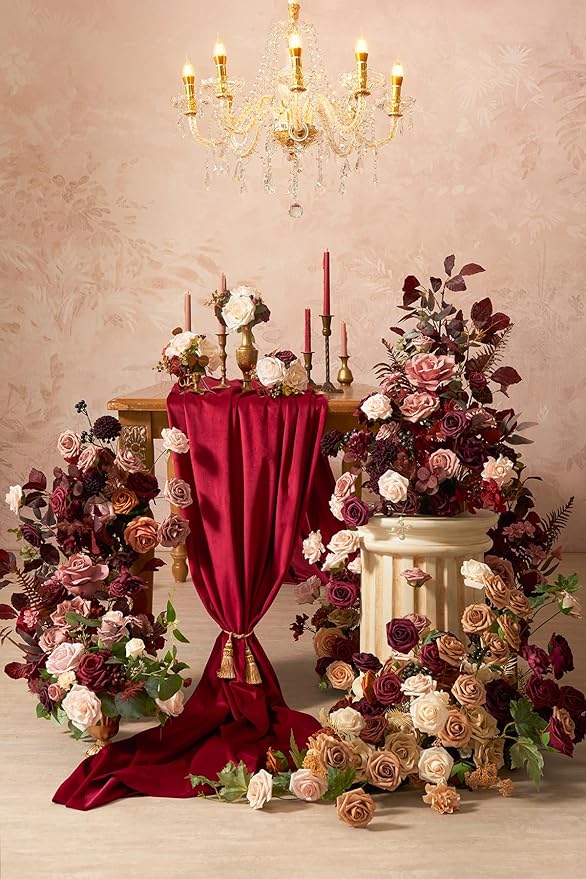 Ling's moment Wedding Centerpiece Flower with Vase for Ceremony/Reception Tabletop Mantel Archway Aisle, Set of 2 | Romantic Marsala