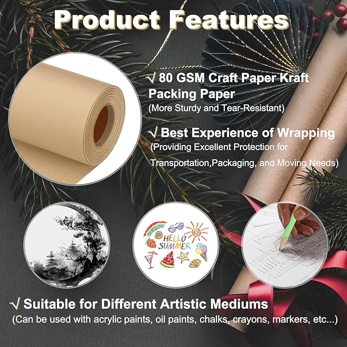 PATIKIL Wrapping Paper, 15"x400"(33') Bulletin Board Paper Roll Kraft Paper Roll Construction 80GSM for Shipping Packing Gift Wrapping Craft Flower Bouquet Christmas, Brown