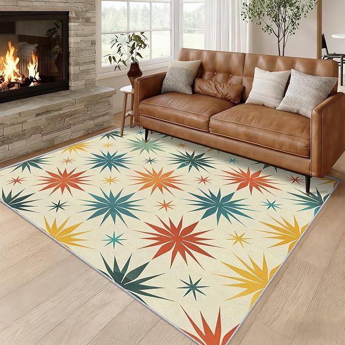 Retro Atomic Rugs for Living Room Decor, 3x5 ft, Mid Century Modern Area Rugs for Bedroom, Soft Non Slip Washable 50s Abstract Geometric Carpet Home Decorations D-g48