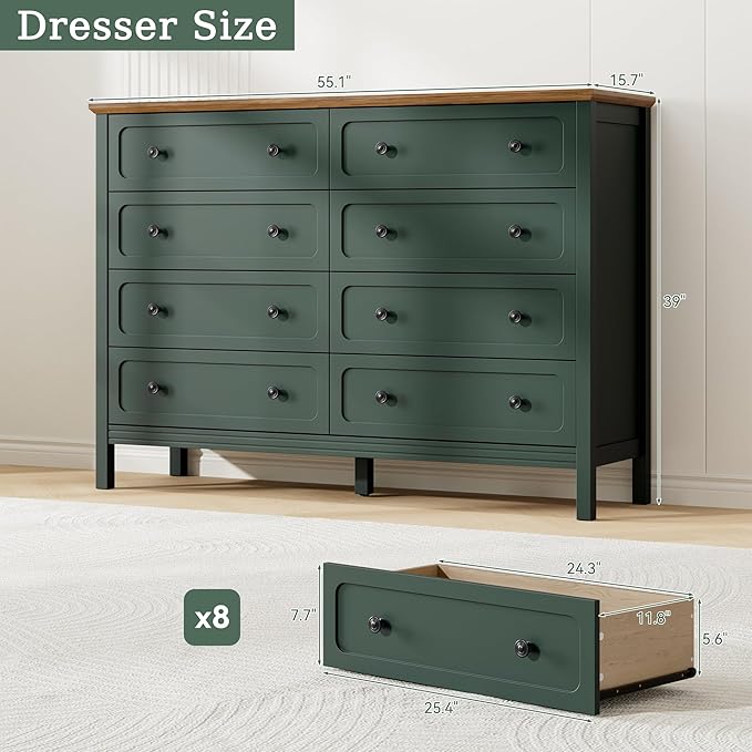 Green Dresser for Bedroom, 8 Drawer Dresser with Metal Handles, 55" Wide Modern Dressers & Chest of Drawers for Living Room, Hallway, Entryway