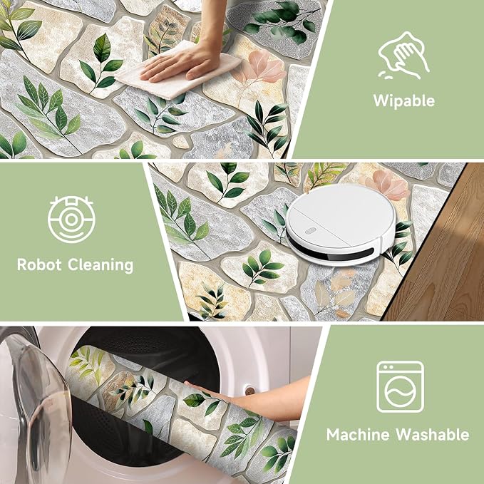 2'x3' Optical Illusion Rug 3D Stone Floor Mat Green Leaf Botanical Area Rug Rustic Nature Washable Carpet for Entryway Bedroom Living Room Kitchen Home Decor