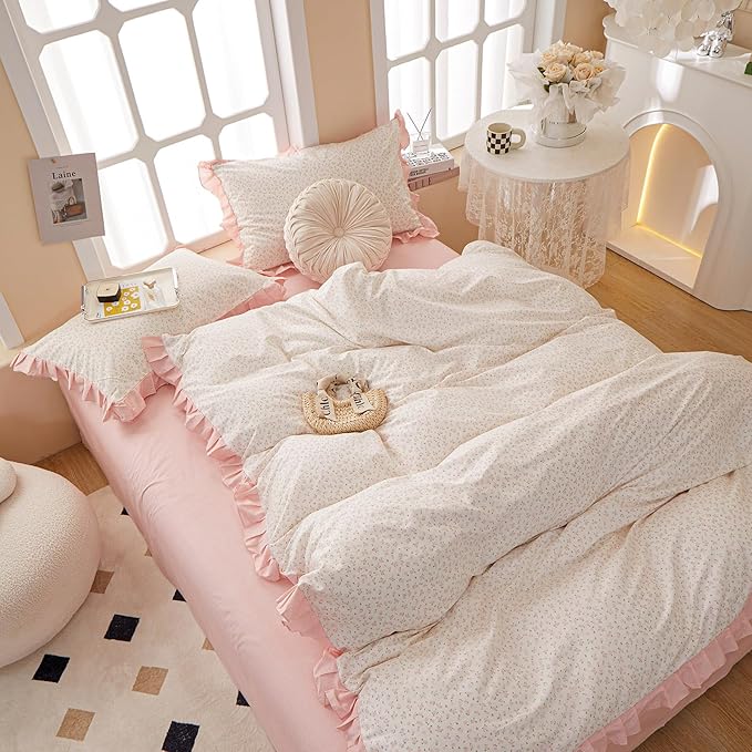 Romantic Pink Floral Duvet Cover Queen 100% Cotton Pink Ruffle Duvet Cover Girls Flower Comforter Cover Princess Lace Bedding Set Vintage Floral Coquette Bedding Comforter Cover with 2 Pillowcases