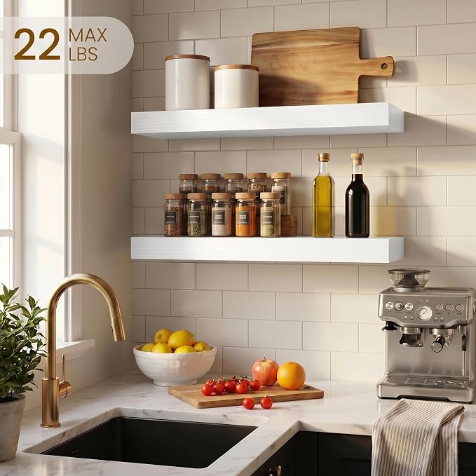 Dreamland White Floating Shelves, Wall Mounted Shelves for Storage and Home Decor, Rustic Wood Shelves for Bathroom, Living Room, Bedroom and Kitchen, 16" x 6.7" Set of 2