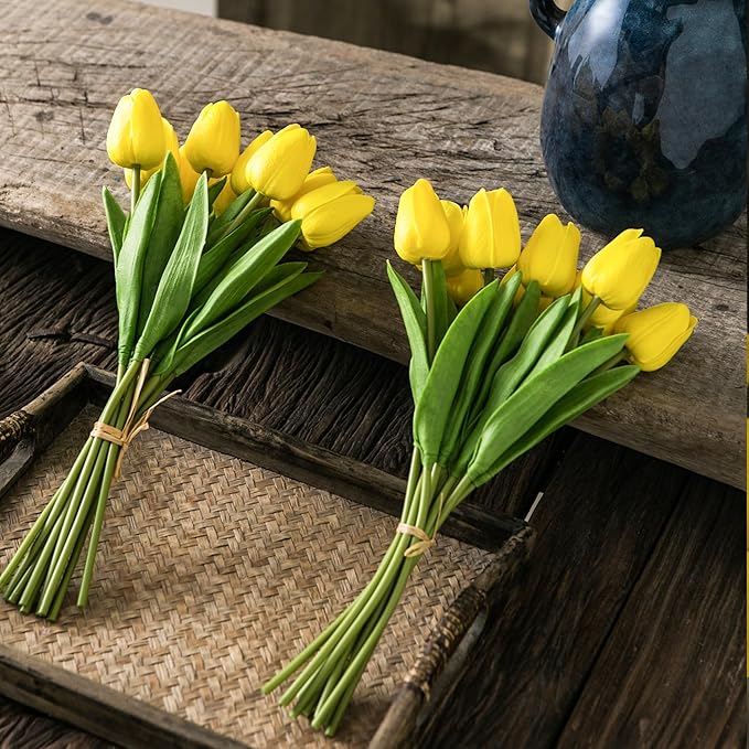 20pcs Yellow Artificial Tulip Flowers, Silk Fake Flowers 13" for Mother's Day, Easter, Valentine’s Day Gifts in Bulk, Home, Kitchen, Wedding Decorations