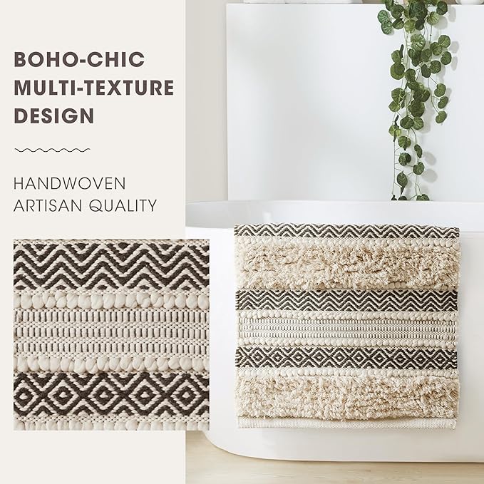 INK+IVY Bath Rug Hand-Woven Texture Shaggy Striped Soft & Water Absorbent, Boho Bathroom Décor Bath-Mats, Non-Slip Absorbent Quick Dry Mats for Tub, Shower Room, Asher, 22x58, Black 1 Piece