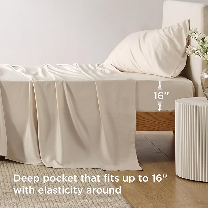 Bedsure Cooling Sheets Twin, Rayon Derived from Bamboo, Breathable & Soft Twin Sheets Set, Deep Pocket Up to 16 Inches, Hotel Luxury Silky Bedding for Hot Sleepers, Light Beige