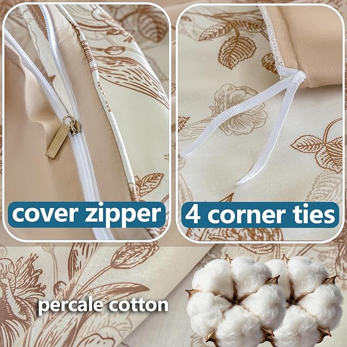 Brown Floral Duvet Cover Set 100% Percale Cotton Queen Size Shabby Vintage Toile Flower Printed Comforter Covers with Zipper, Soft & Breathable French Country Bedding 3Pcs-Not Comforter