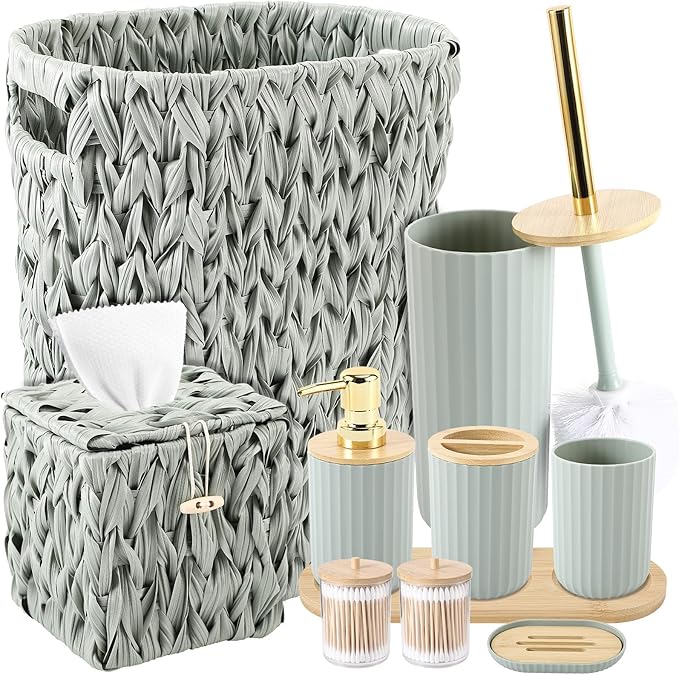 Bathroom Accessory Set, 10 Pieces Bath Set- Wicker Trash Can Tissue Box Soap Dish Toothbrush Holder Rinse Cup Lotion Bottle Toilet Brush Qtip Holder - Practical Bathroom Decor Sets (Sage Green)