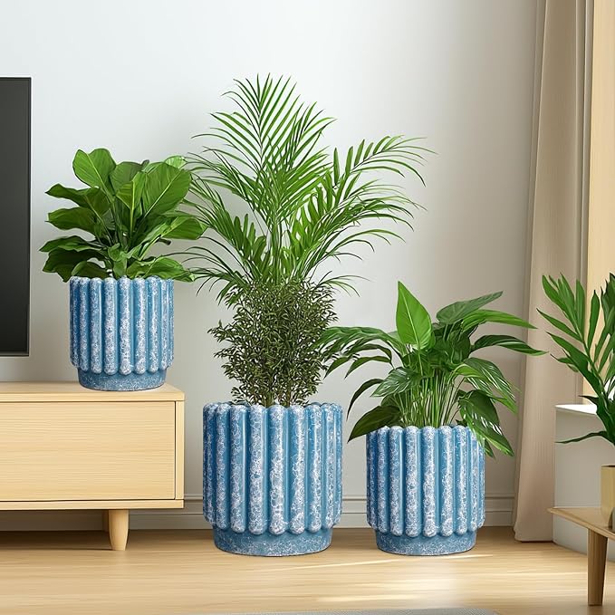 Ceramicfor Ceramic Planter - 7.6 Inch Ceramic Plant Pots with Drainage Hole, Decorative Flower Pots for Indoor Outdoor, Fluted Round Planter, Room Home Decor, Plant Lover Gifts for Women, Blue