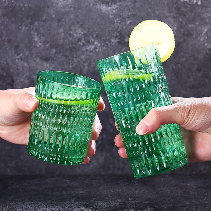 Loivttvv Glassware Drinking Glasses Set of 8, 14 oz Highball Glasses & 10 oz Ribbed Glass Cups, Vintage Glassware for Water, Juice, Cocktail, Whiskey (Dark Green)