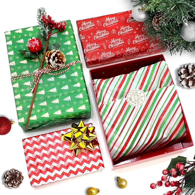 160 Sheets Christmas Tissue Paper Assorted Christmas Tissue Paper for Gift Wrapping, Christmas Gift Boxes and Wine Bottles