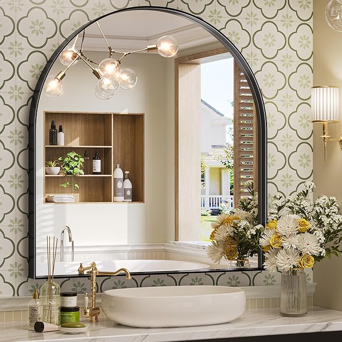 Brightify Arched Mirror, 31 x 33 Inch Black Arch Mirror, Metal Frame Black Arched Wall Mirror, Arched Top Bathroom Vanity Mirror for Living Room Bedroom Mantel Entryway Hallways