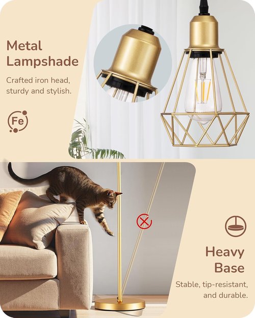 EDISHINE 70'' Dimmable Industrial Floor Lamp - Rustic Diamond-Shaped Shade | 3 LED Edison Bulbs Included, Gold