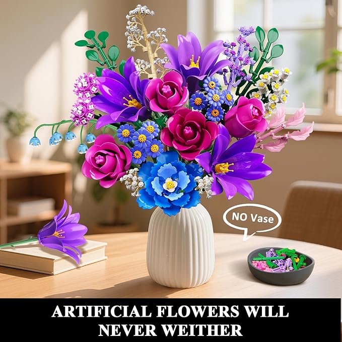 Flowers Bouquet Building Set with LED Light, 21 Flower Botanical Collection Building Block Toy, Rose Lily Home Plant Decor 1054PCS for Her Adults Women Kids Girls 12+ (Purple)