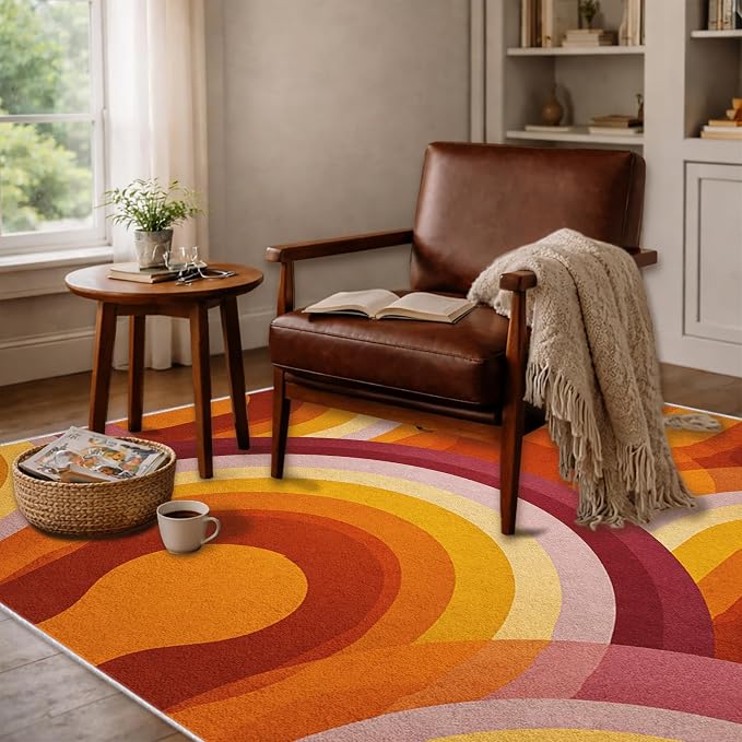 Retro Halo Area Rug 5x6, Mid Century Rainbow Arch Rug, Retro Abstract Carpet for Living Room Bedroom, Soft Non Slip Washable Rug
