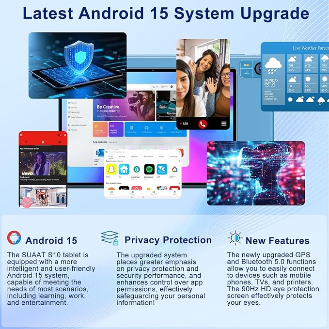 SUAAT Android 15 Tablet 30GB RAM 128GB ROM 1TB Expand, 10.1 Inch Tablets with Keyboard Mouse, Octa-Core, 8000mAh, HD IPS Display, 5G WiFi BT 5.0 GPS, Widevine L1, Gemini AI, Dual Camera - Blue