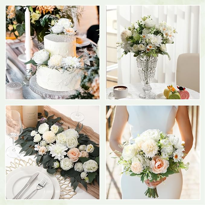 Zeyune 12 Bundles Artificial Peonies Flowers Artificial Silk Rose Faux Dahlia Fake Chamomile Hydrangea Bouquet Bulk for Vase Home Wedding Centerpiece Party Decoration(Cream White,Classic)