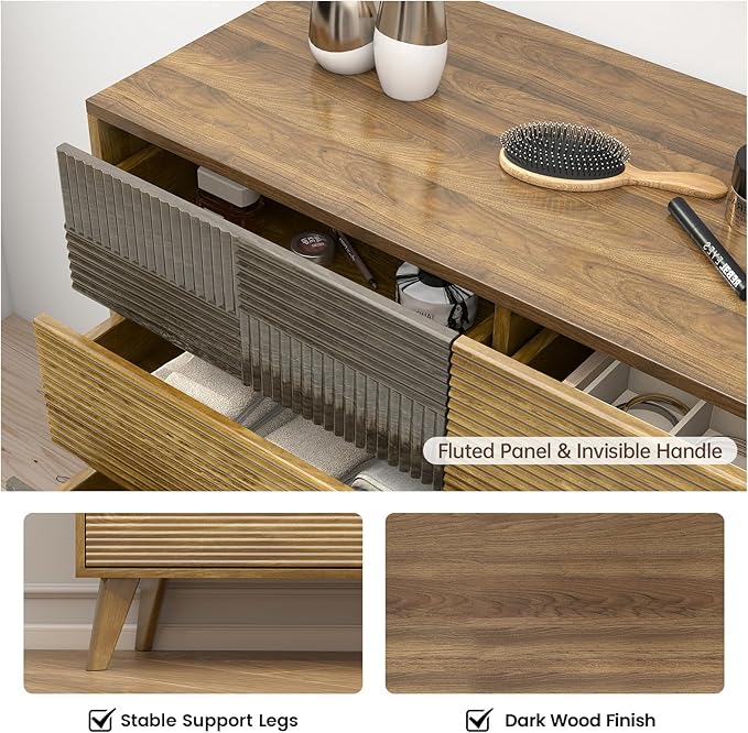 Hadulcet Wooden Dresser for Bedroom, 55” Long Mid Century Modern Fluted 9 Drawers Dresser Storage Clothes for Closet Organizer, Handleless Design, Push to Open, Dark Wood