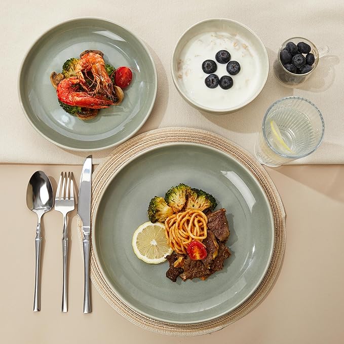 Pokini Stoneware Dinnerware Sets for 6, Microwave Safe Plate and Bowl Set, Easy to Clean & Durable Dishes Sets for Small to Medium Families, Gray Green