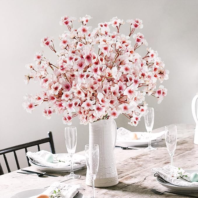 24 Pcs Artificial Cherry Blossom Flowers 18" Faux Silk Cherry Blossom Stems Fake Real Touch Peach Branches for Wedding Home Garden Japanese Decor Light Pink
