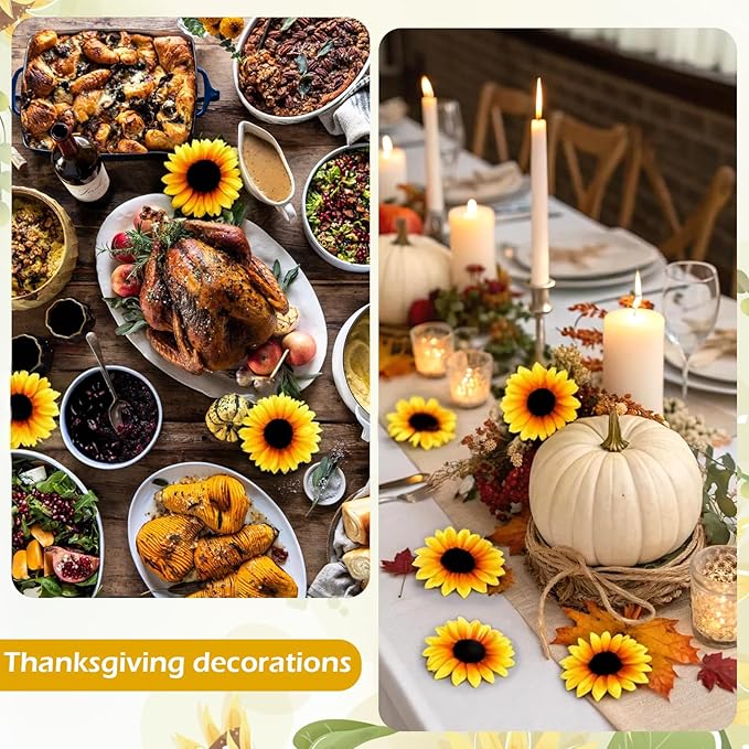 40pcs Fake Sunflower Heads with Stems, 4" Sunflower Artificial Silk Flower Heads for Party Baby Shower Wedding Making Handicrafts Home Decor(Fall Yellow)