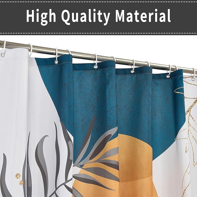 Boho Mid Century Shower Curtain, Orange Blue Modern Minimalist Abstract Geometric Gold Plant Leaves Arch Bathroom Curtains Waterproof Fabric Buthtub Curtain Set with Hooks 72" Wx84 L