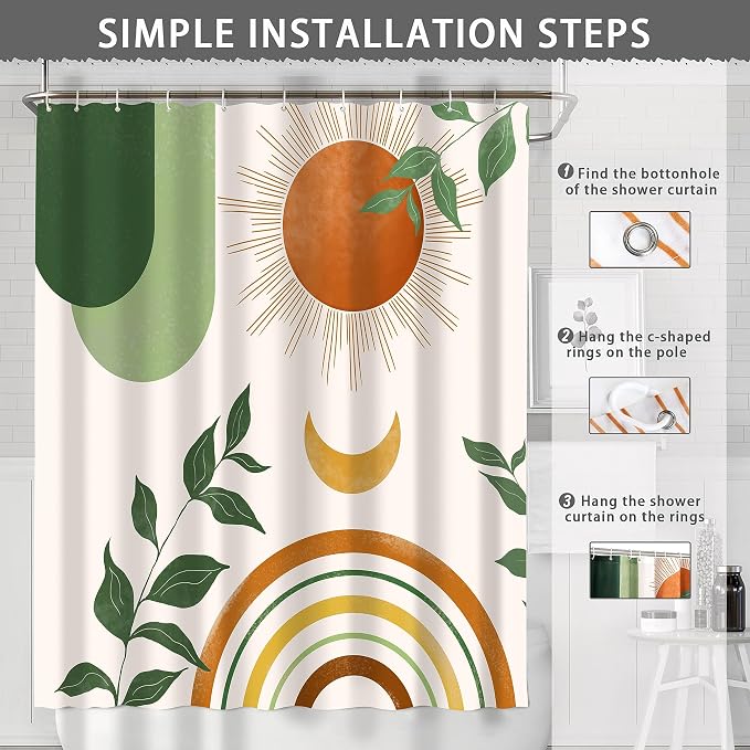 Mid Century Abstract Boho Aesthetic Shower Curtain Set, Green Nature Leaf Sun Modern Minimalist Home Bathroom Curtain Decor with 12 Hooks 72 Inch Wide * 84 Inch High
